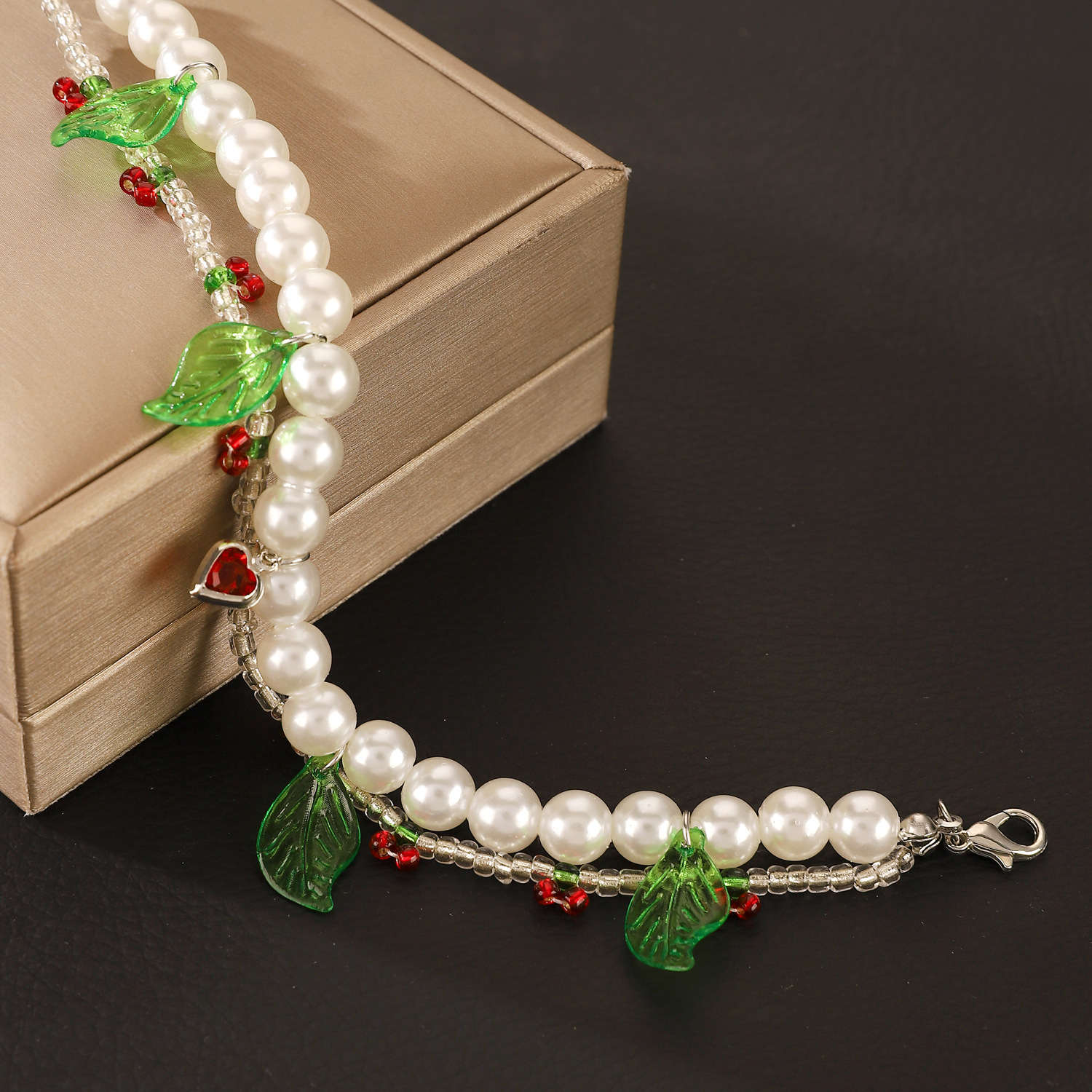 Leaves, Cherry Pattern IG Style Sweet Leaves Cherry Imitation Pearl Alloy Seed Bead Beaded Chain Beaded Bracelets Wholesale