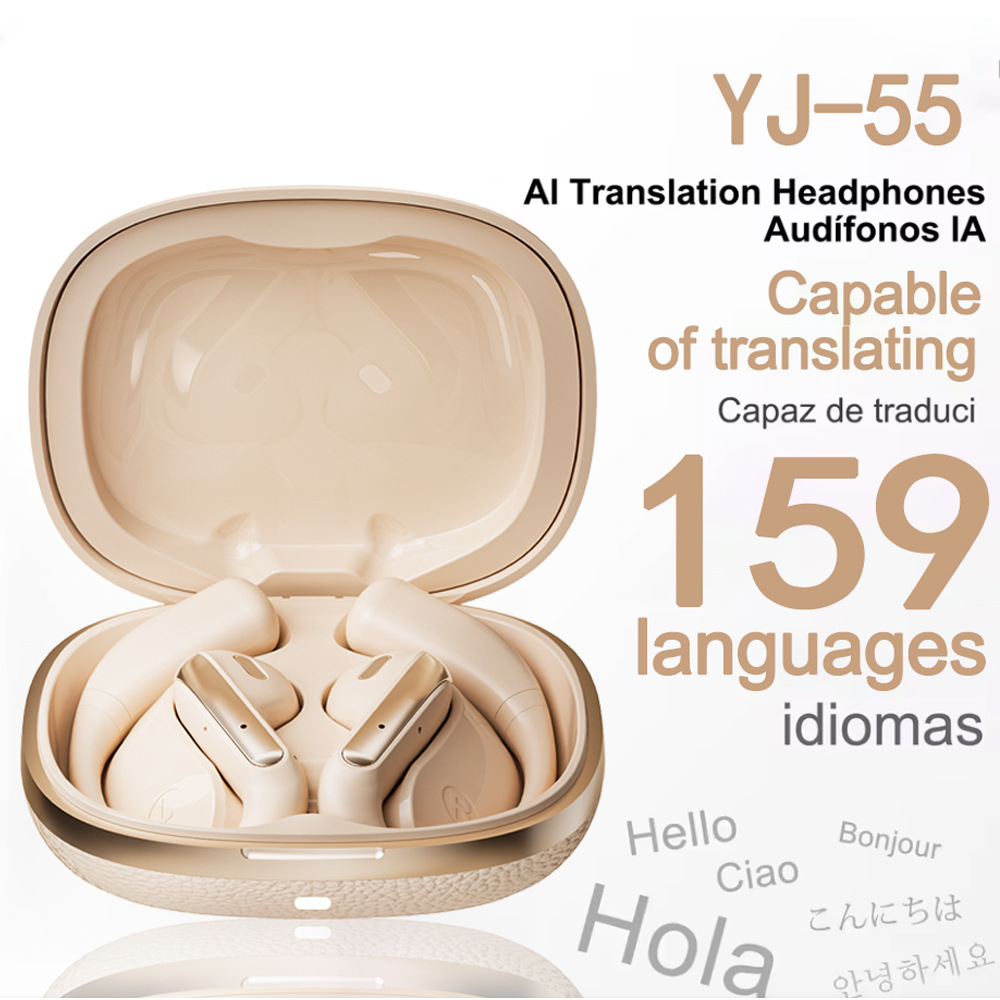 New Ai Smart Bluetooth Headset Semi-In-Ear Open Ear Hanging Ear Yj-55 Sports Simultaneous Translation Imitation Leather Texture