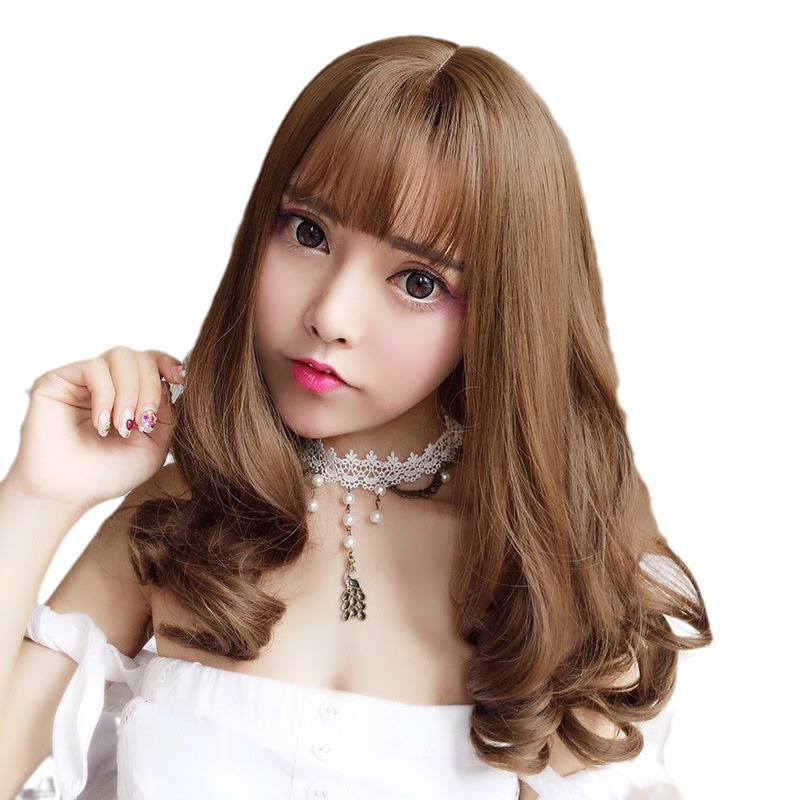 Fábrica al por mayor peluca femenina medio largo pelo rizado cara redonda aire Bangs pera flor cabeza cubierta Corea del Sur recto Bangs Pelo Rizado corto