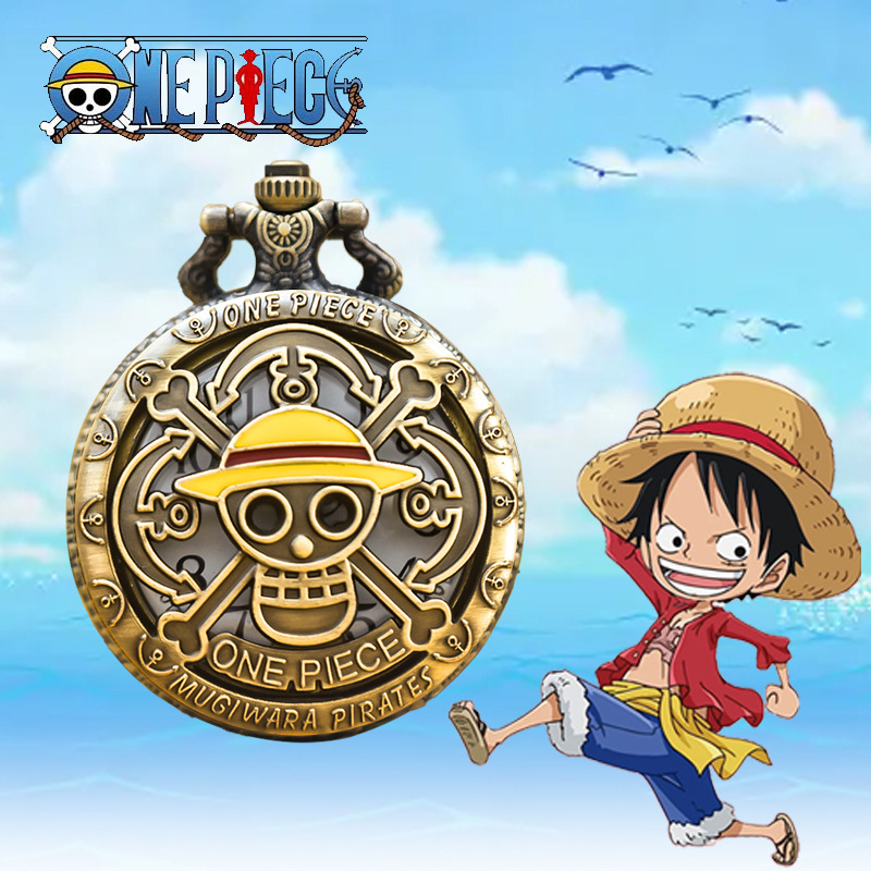 Anime Cartoon One Piece Lufei Card Flip Bronze Quartz Watch Necklace Pocket Watch Flip Pocket Watch Wholesale