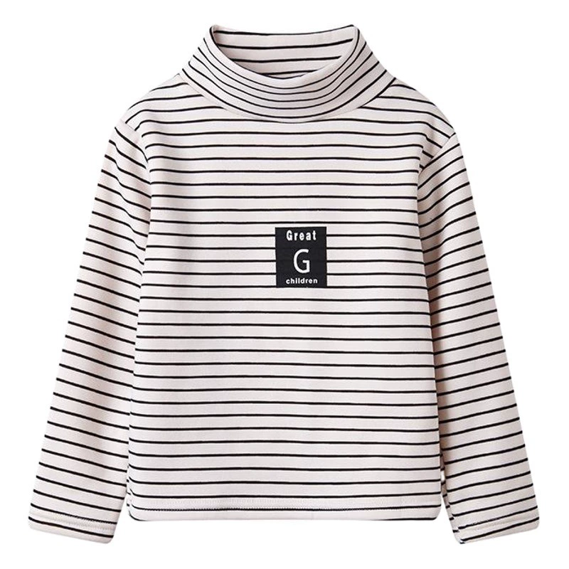 Детская утолщенная Базовая рубашка в полоску на флисовой подкладке, Топ-водолазка, цельный топ со средним воротником для мальчиков и девочек, футболка с длинными рукавами и высоким воротником