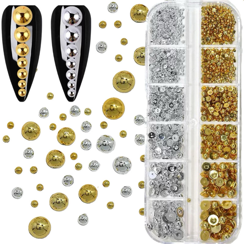 Cross-Border Electroplated Semi-Circle Pearl Nail Art Jewelry 12 Grids Gold and Silver Small Beads DIY Nail Decoration European and American Hot Style