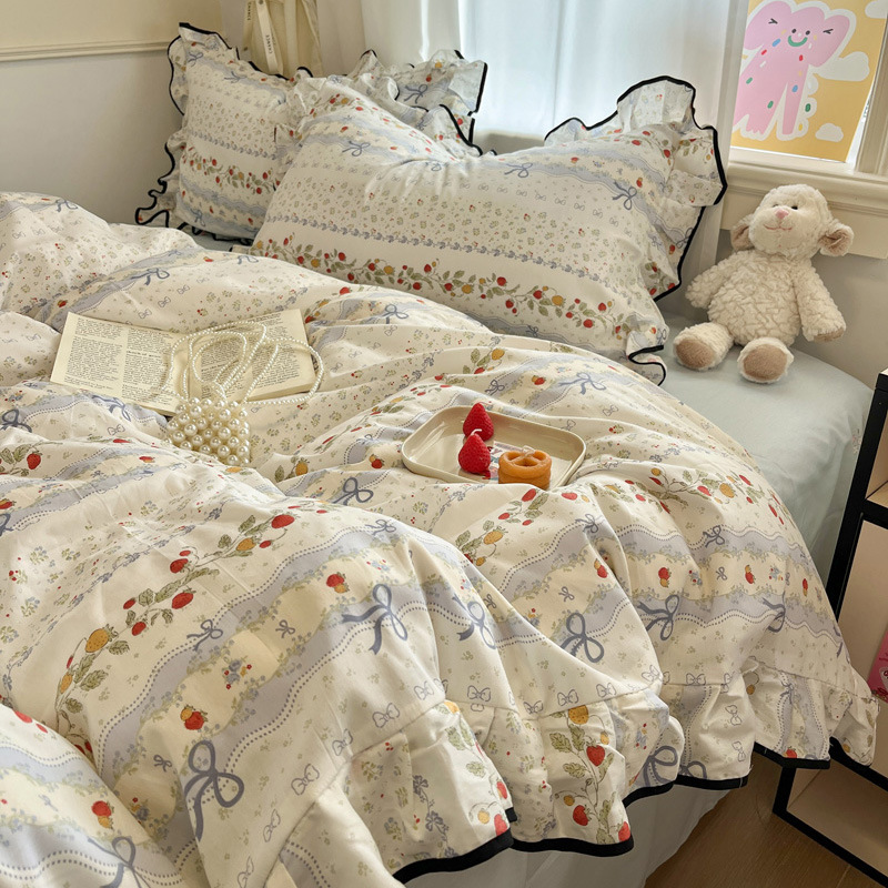 French Lotus Leaf Lace 100% Cotton Printed Four-Piece Set of Pure Cotton Bed Sheetss, Quilt Cover, Fitted Bed Sheets, Three-Piece Bedding Set