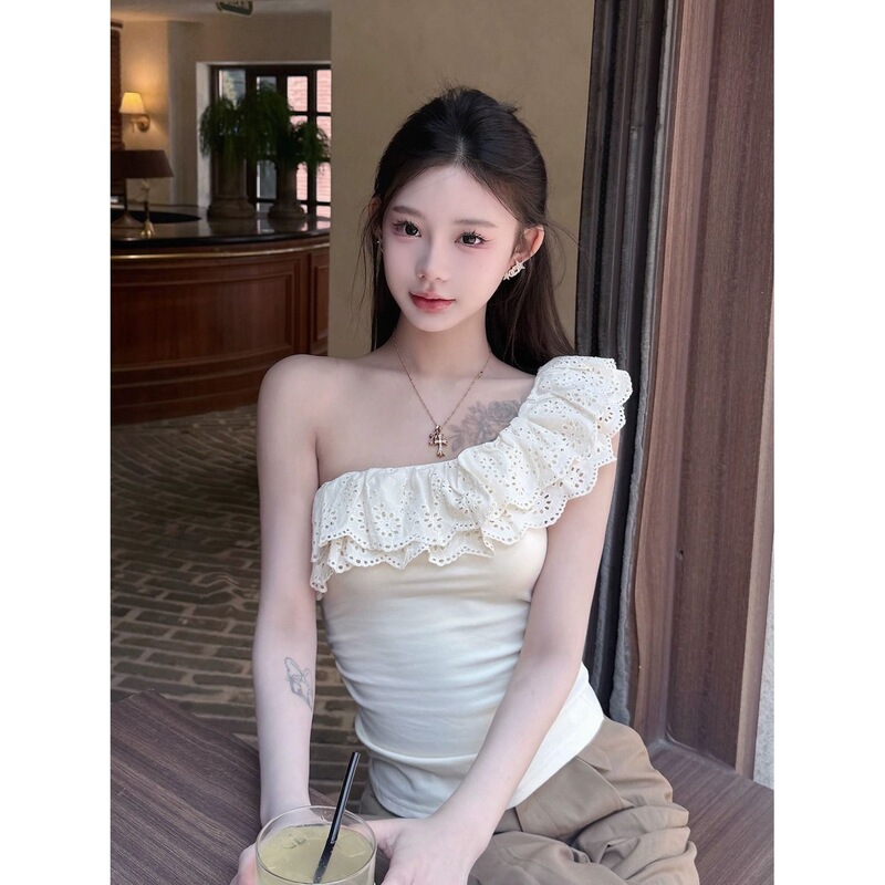 Pure Cotton French Lace Ruffled One-Shoulder Short-Sleeve T-Shirt for Women, Summer Pure Desire Off-Shoulder Slim-Fit Design Top