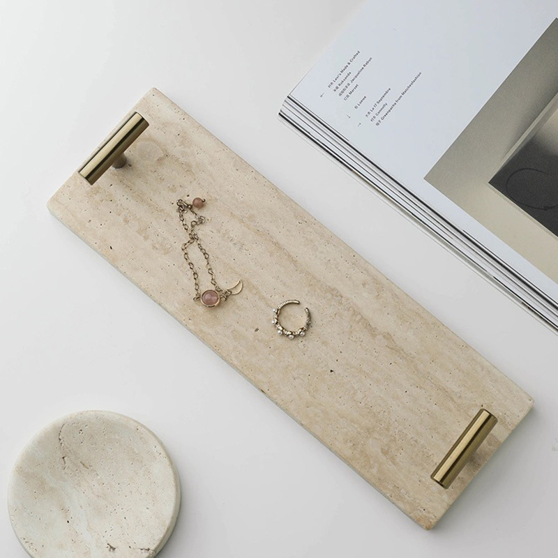 Bandeja de almacenamiento de travertino natural ins de estilo nórdico Disco de decoración del hogar retro de lujo ligero Disco de almacenamiento de mango dorado Escritorio