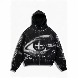 跨境亚马逊新热卖3D印花星空眼睛连帽卫衣街头风oversize拉链卫衣