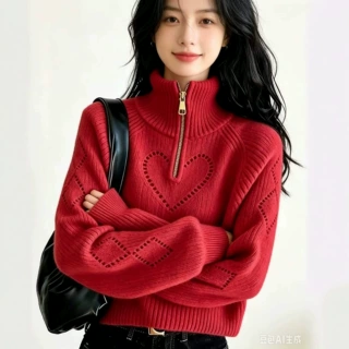 秋冬新款欧美高领爱心镂空针织衫女跨境外贸套头宽松长袖毛衣批发