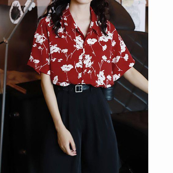 红色印花复古港风衬衫女2024夏季新款碎花宽松显瘦短袖衬衫上衣潮