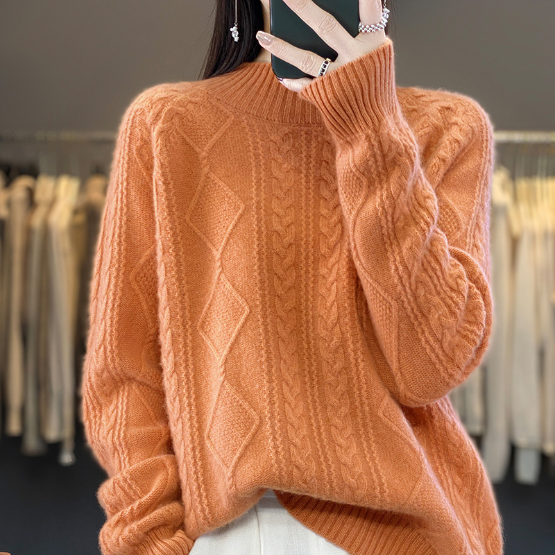 Autumn and winter New 100% pure woolen sweater women's half-high twisted long-sleeved sweater Korean style all-match wool bottoming sweater