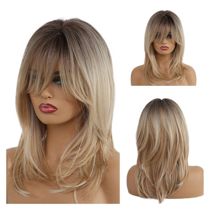 Venta caliente transfronteriza Gradiente dorado flequillo de ocho caracteres de alta temperatura de seda Rosa neta cubierta de la cabeza peluca europea y americana peluca femenina
