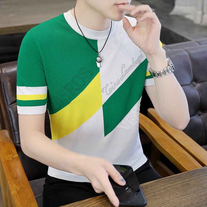 Verano 2023 hombres de moda europea marca de seda de hielo cuello redondo moda delgada contraste color rhinestone manga corta Camiseta top