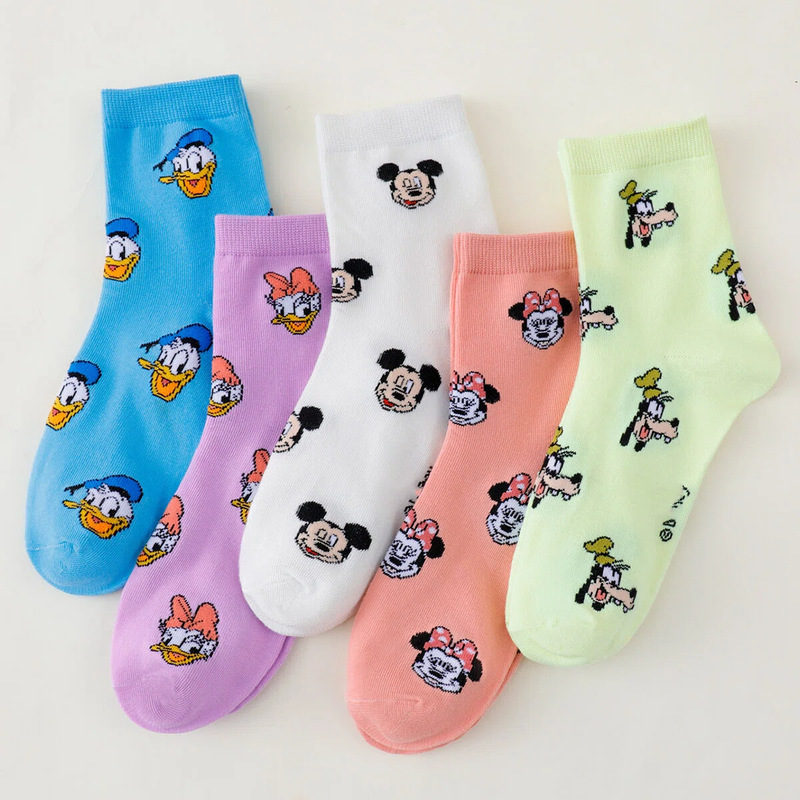 Japanese-style cartoon women's mid-calf socks, fun and cute dopamine Mickey and Minnie cotton printed casual socks in college style