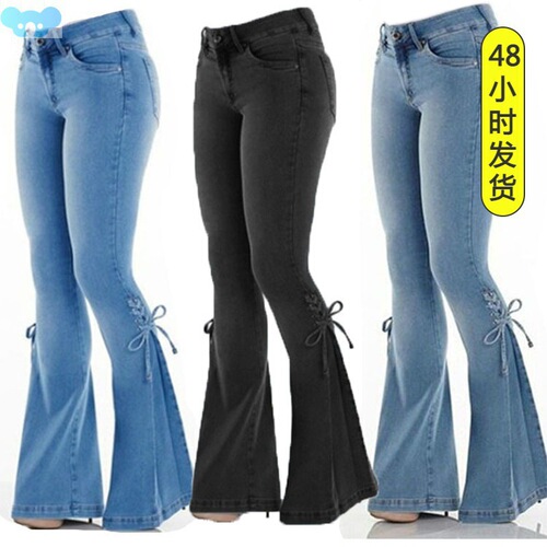 Stretch flared casual denim trousers, mid-waist, with tie closure and elastic waistband, flared denim long pants.