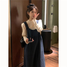 两件套装/学院秋冬新款风藏青色毛呢背带连衣裙女学生+木耳边衬衫