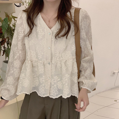 Big Face Design Niche Embroidered French Long-Sleeved Shirt Apricot Women's Shirt Big Face Design Niche Embroidered French Long-Sleeved Shirt Apricot Women's Shirt