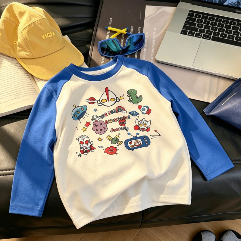 Blue color-blocked Ultraman spaceship print long-sleeved T-shirt, autumn trendy, loose fit, round neck, versatile baby and children's top.