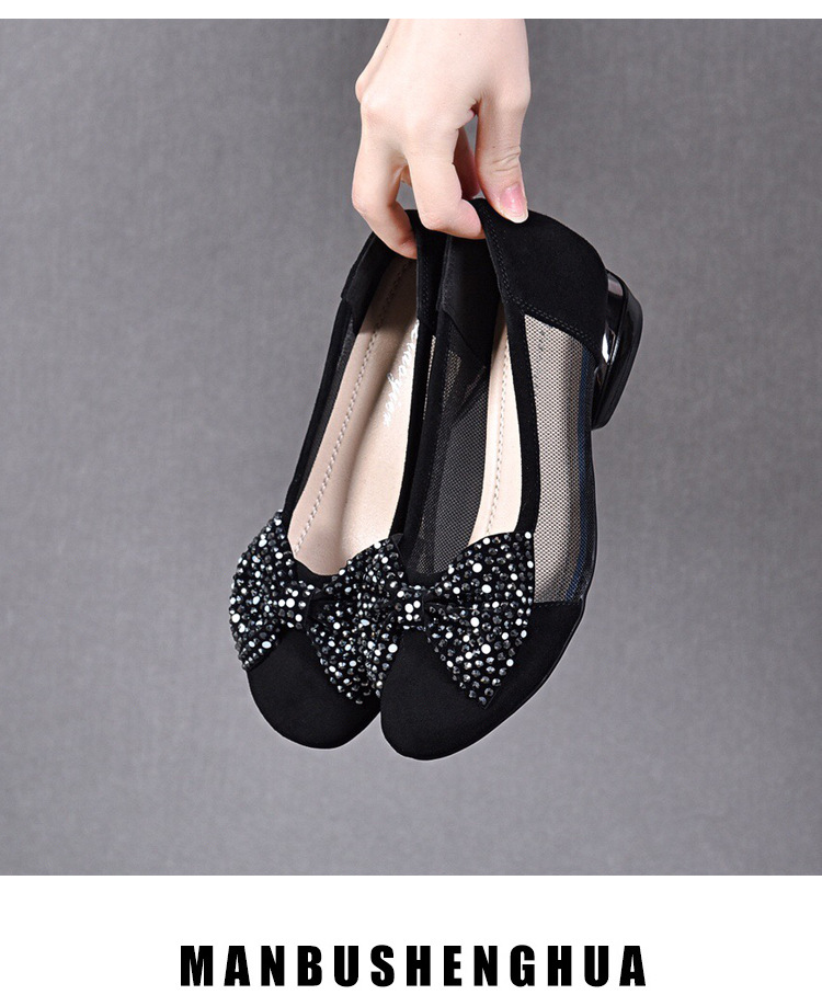 Sandal nữ đế bệt da thật mũi tròn gót vuông quai chữ V nơ bướm thoáng khí — Màu đen chi tiết 14