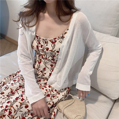 Solid color v-neck ice silk sunscreen cardigan for women 2023 summer Korean style loose air-conditioned shirt with casual jacket top