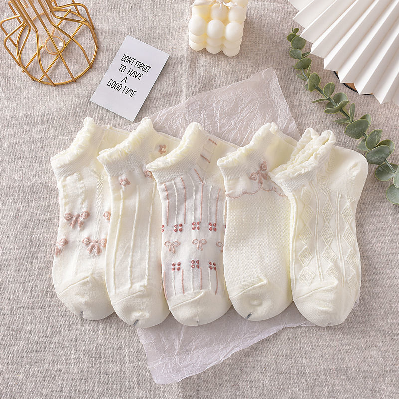 5 pares de calcetines para el cabello, transpirables y absorbentes de sudor para mujer, calcetines delgados con letras de dibujos animados, calcetines con lazo, malla de verano