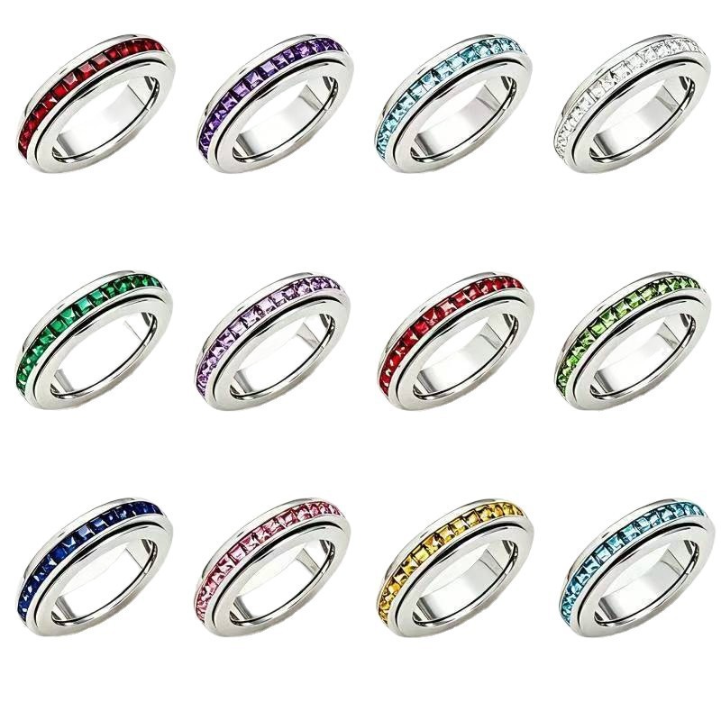 12-color diamond-studded lucky stone zodiac birthstone colorful rotating ring, simple and stylish, December birthstone women's ring