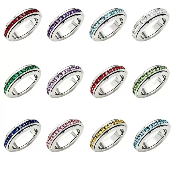 12-color diamond-studded lucky stone zodiac birthstone colorful rotating ring, simple and stylish, December birthstone women's ring