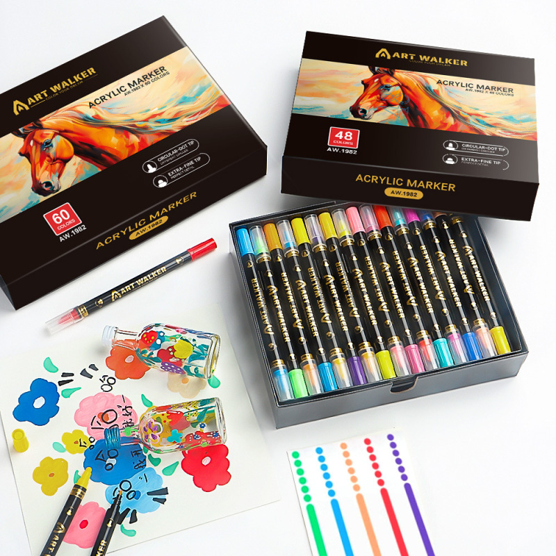 アクリルマークペンダブルヘッド60色美术絵画マーカーペン子供石陶磁器ビープ音头ブラシ卸売|undefined
