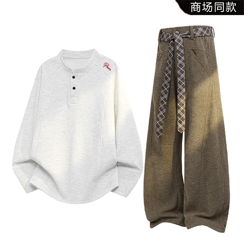 Plus-size American retro dragon scale pattern suit for men, new autumn style, curved pants, henley collar long-sleeve T-shirt two-piece set Plus-size American retro dragon scale pattern suit for men, new autumn style, curved pants, henley collar long-sleeve T-shirt two-piece set
