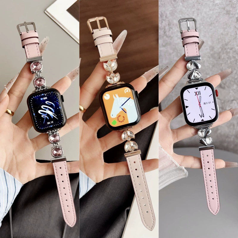 Подходит для Apple Watch S9 S8 S7 с инкрустацией кристаллами, кожаный/металлический ремешок для женских iWatch 10-го поколения, натуральная кожа, Huawei, Xiaomi SE