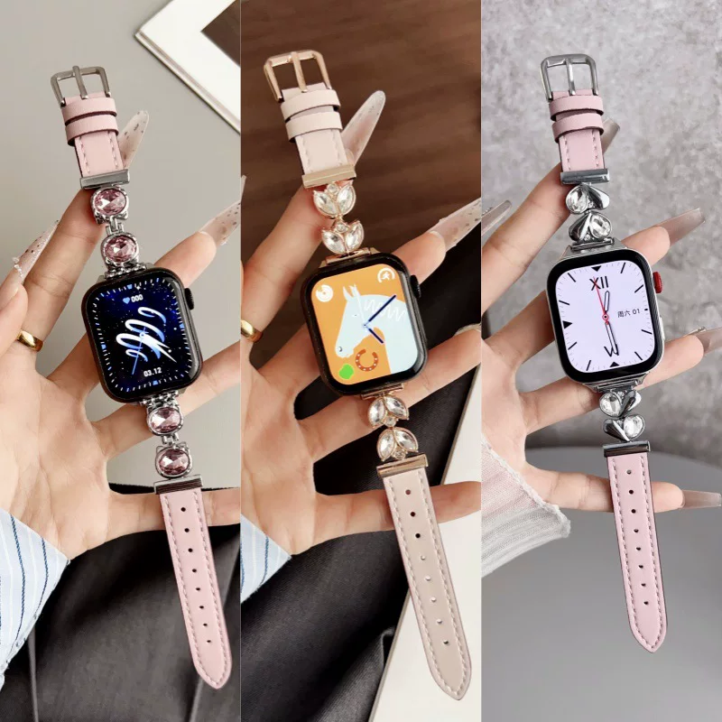 Подходит для Apple Watch S9 S8 S7 с инкрустацией кристаллами, кожаный/металлический ремешок для женских iWatch 10-го поколения, натуральная кожа, Huawei, Xiaomi SE