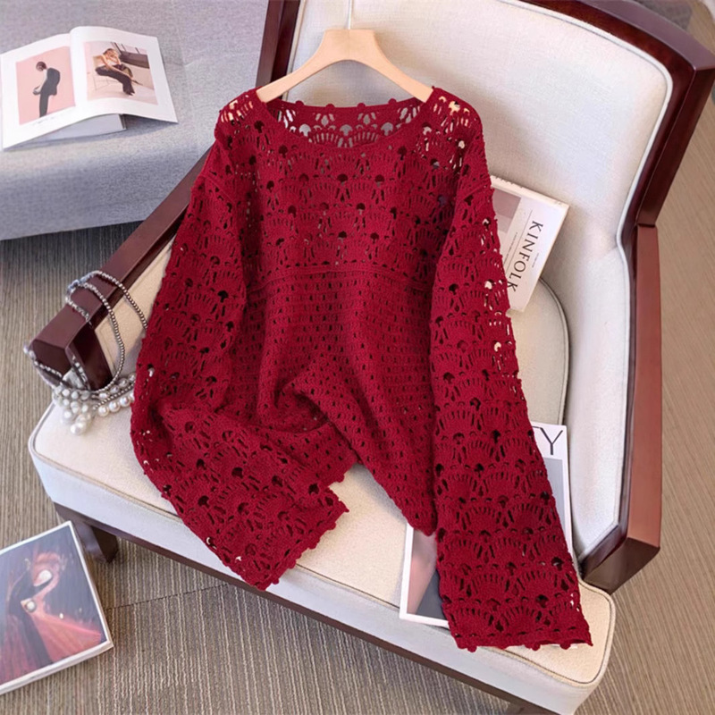 Sweet Soft Waxy Hollow Round Neck Sweater Women's Heavy Industry Crochet Flower Horn Sleeve Loose Pullover Top