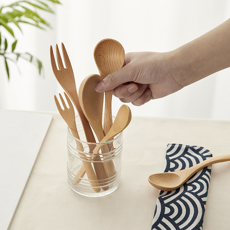 Madera sólida cocina cuchara de hayale tenedor de madera cuchara de doble cabeza tenedor de cocina de café mermelada cuchara de postre LOGO personalizado