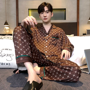 Pajamas men's ice silk long sleeve spring and autumn summer thin artificial silk home wear men's suit 2023 New