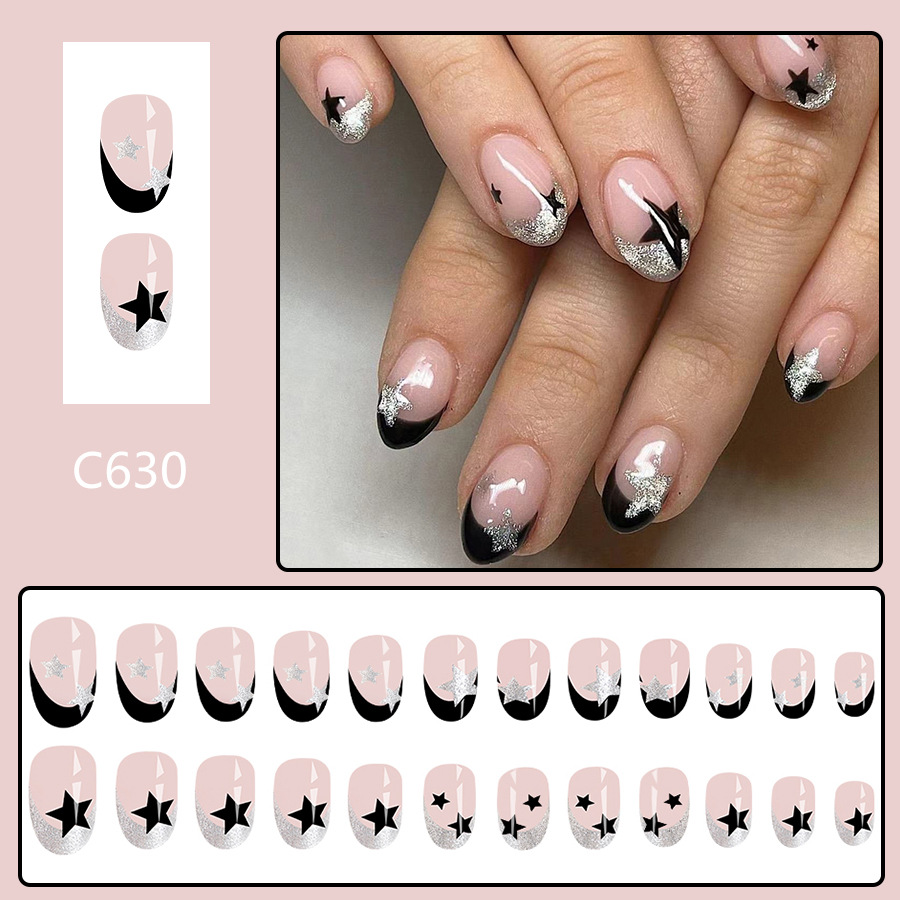 Short oval bright face Europe and the United States cross-border foreign trade French simple glitter black five-pointed star removable nail art 24 pie_voghion.com
