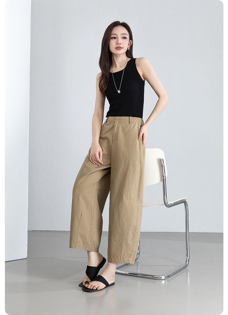 Quần culottes nữ ống rộng cạp cao vải lanh phối cotton, dáng bong bóng thoáng mát — màu kaki chi tiết 24