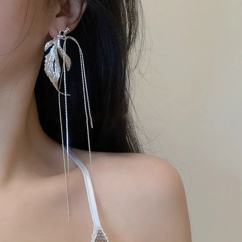 Серебряные универсальные серьги, удлинённые клипсы с кистями