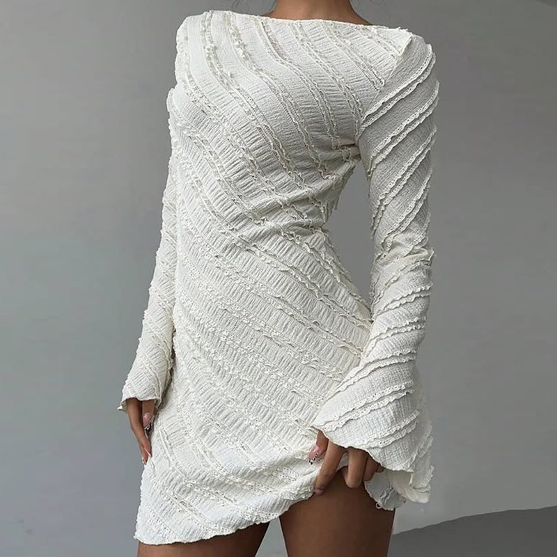 Cross-Border New European and American Style Women's Dress White Knitted Fabric Boat Neck A-Line Skirt Backless Lace Wholesale
