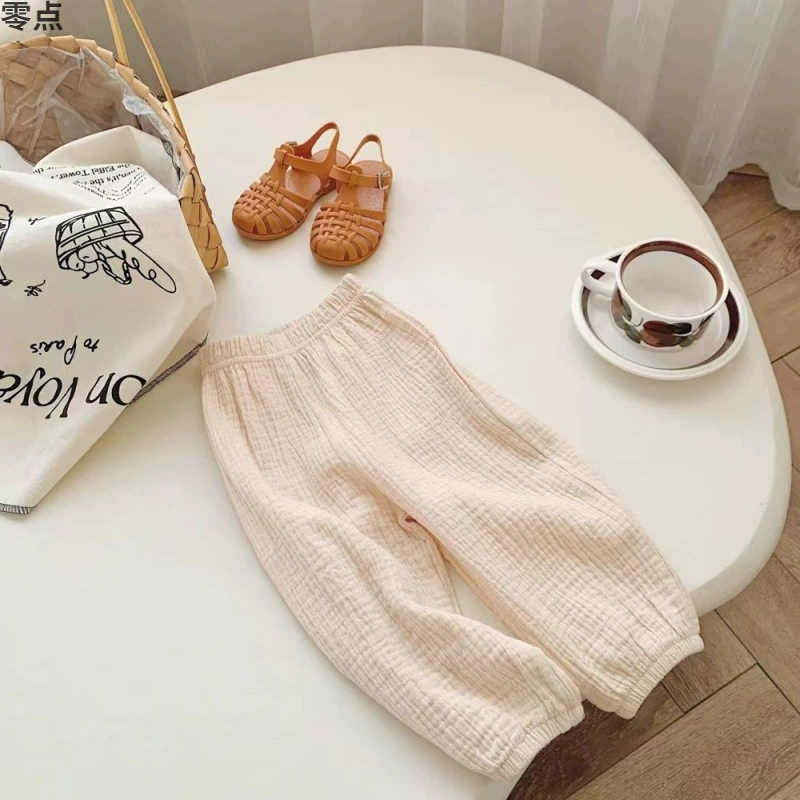 Детские штаны-фонарики, чисто-белая версия, длинные штаны, летние штаны с кондиционером для девочек, хлопчатобумажные марлевые тонкие штаны с защитой от комаров для мальчиков