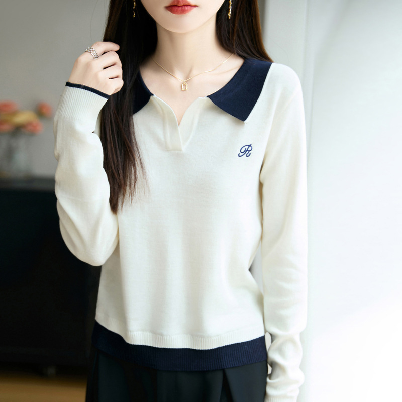 精纺羊毛2025秋冬新款女士宽松复古拼色POLO领字母刺绣长袖针织衫|undefined
