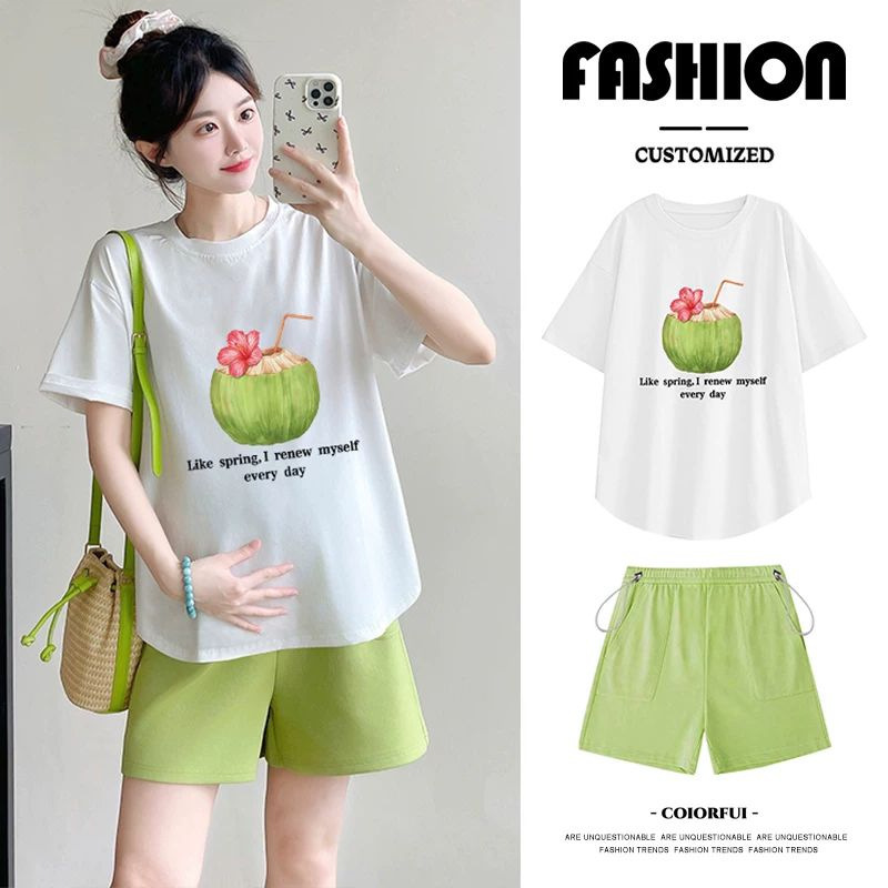 Maternity Wear Summer New Short-Sleeve T-Shirt Set, Unique Cute Coconut Print, Sweet Curved Hem Top, Lightweight