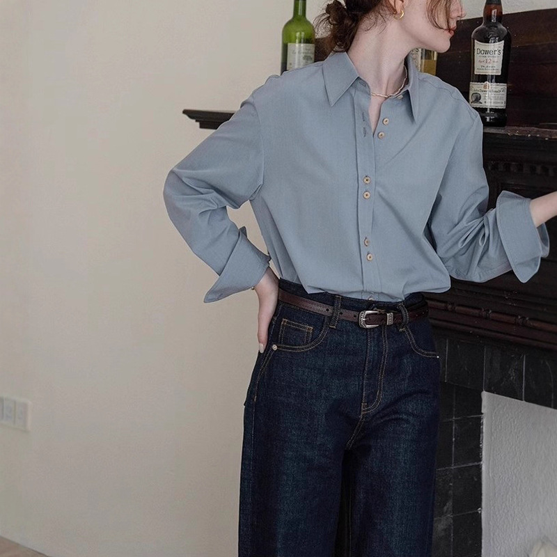 Daijyart "Frida's Rose" Suede-Like Textured French-Style Commuting Long-Sleeve Shirt with Embroidered Back Daijyart "Frida's Rose" Suede-Like Textured French-Style Commuting Long-Sleeve Shirt with Embroidered Back