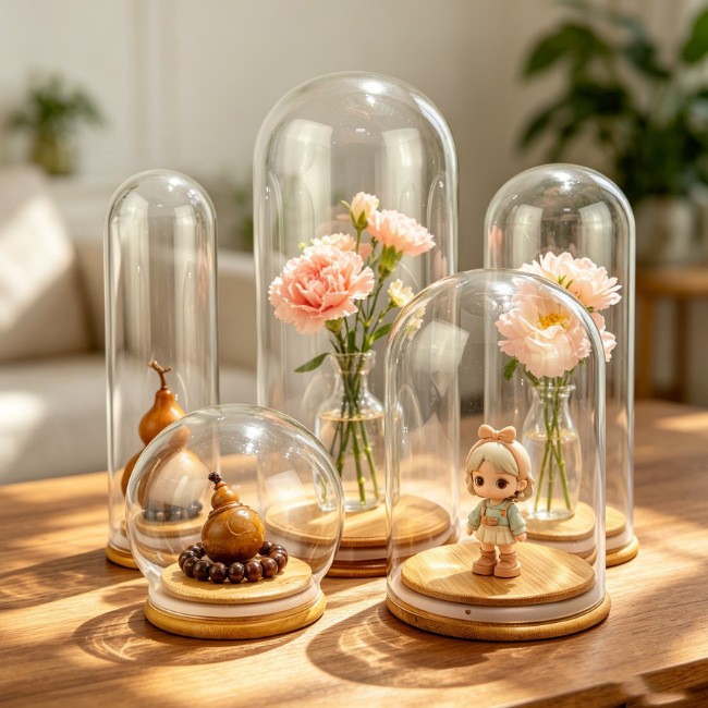 Cúpula de Vidrio con Base de Bambú de Vidrio de Borosilicato y Bambú Sellado, Antipolvo para Flores Secas y Manualidades