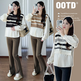 2024 pregnant women autumn new long sleeve striped stitching fake two-piece shirt loose slim doll shirt...