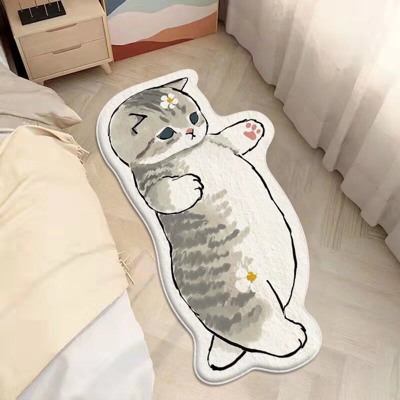 漫画の寝室のじゅうたんの猫はカシミヤの異形のベッドのへりのじゅうたんのかわいい少女のベッドの尾のじゅうたんの家庭用の窓のマットをまねます。|undefined