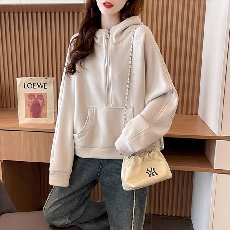 连帽卫衣女2025新款春秋宽松百搭显瘦慵懒风小个子纯色外套上衣潮|undefined