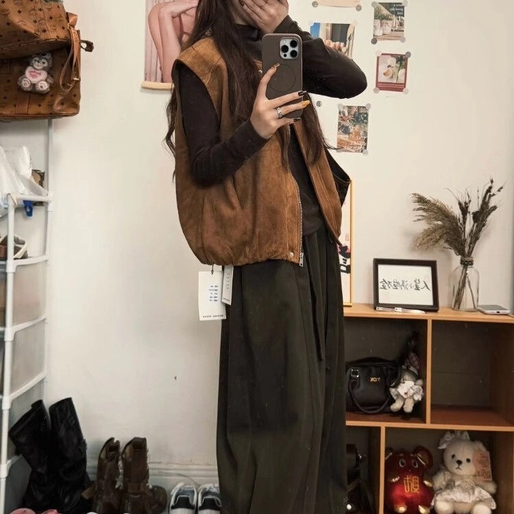 Korean Style Suede Round Neck New Vest Autumn Cute Fashionable Trendy Loose Versatile Layered Clip Trendy