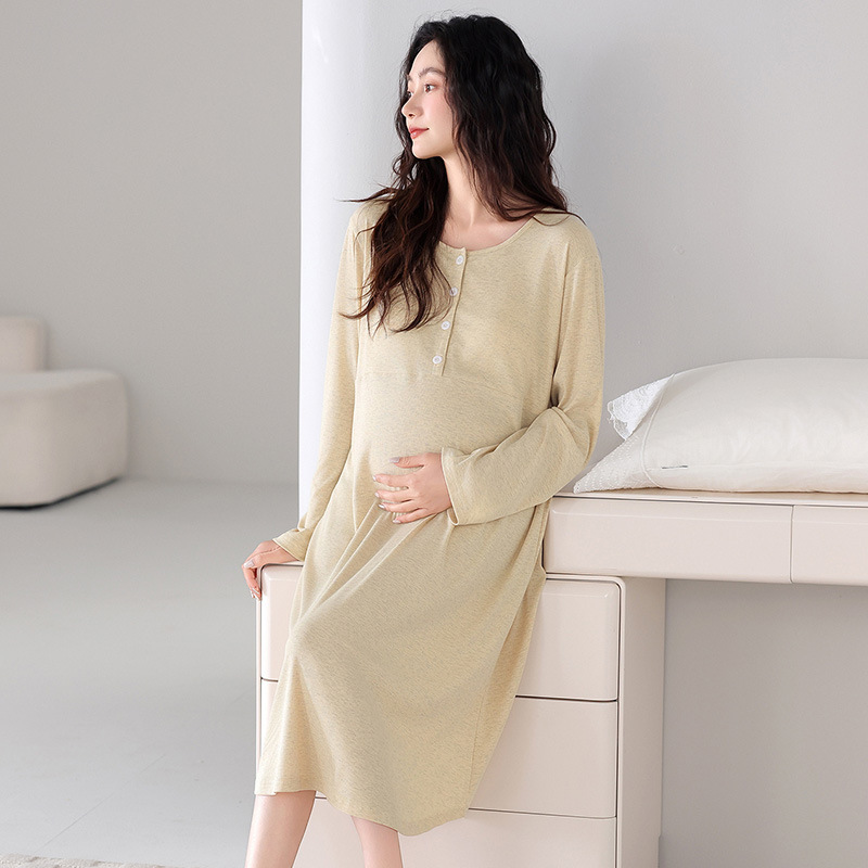 Spring and Summer Thin Postpartum Clothing Modal Maternity Nightgown Simple Casual with Breast Pad Maternity Breastfeeding Long-Sleeved Dress