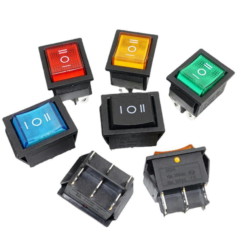 船型开关KCD3B2 三脚2档带绿灯跷板开关大电流15A双卡位电源开关