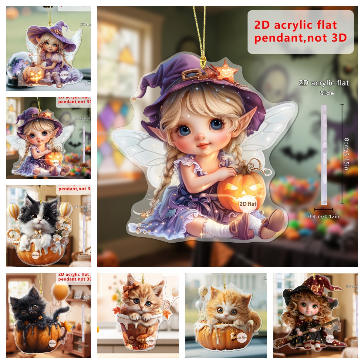 Halloween Púrpura Fairy y Chickpea Cat Keychain Colgante Decoración acrílica 2D Colgante Decoración del automóvil