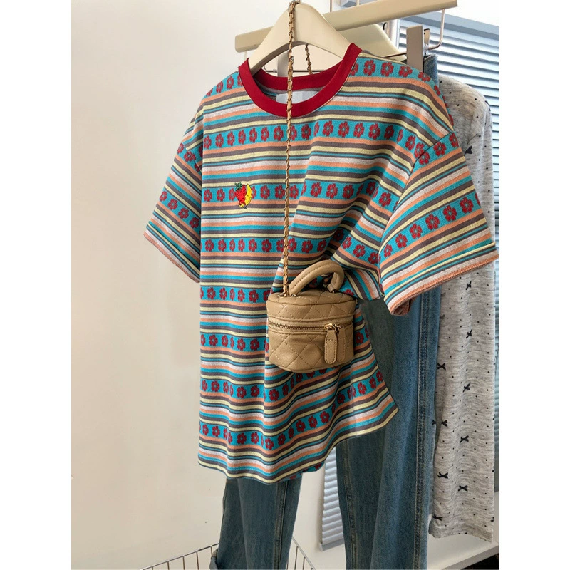 大码条纹短袖T恤女彩色2025新款夏季宽松百搭设计感小众半袖上衣