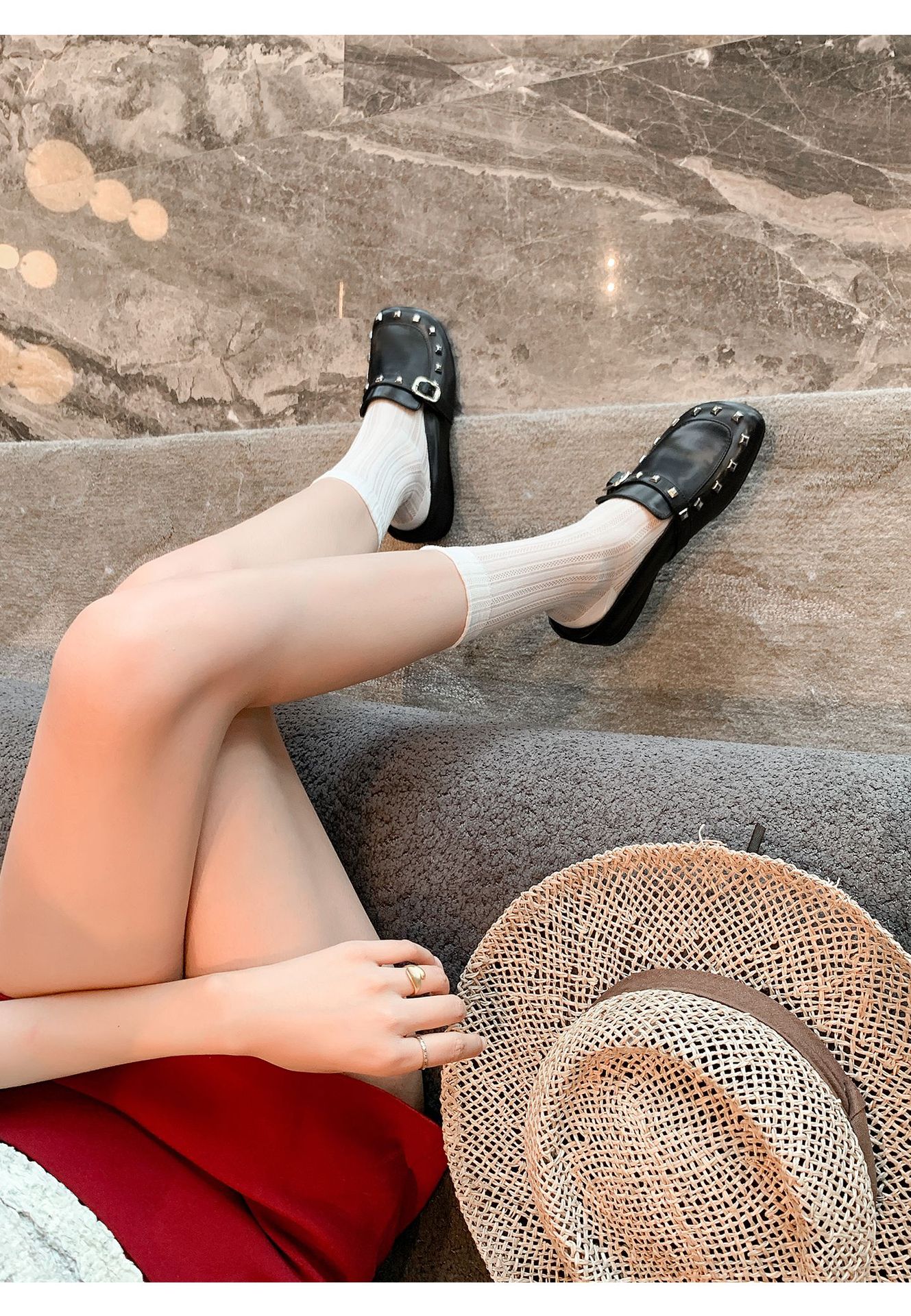 Mule nữ bít mũi đế tăng 4cm đinh tán – giày hè một bước xỏ — màu đen, màu hồng chi tiết 13
